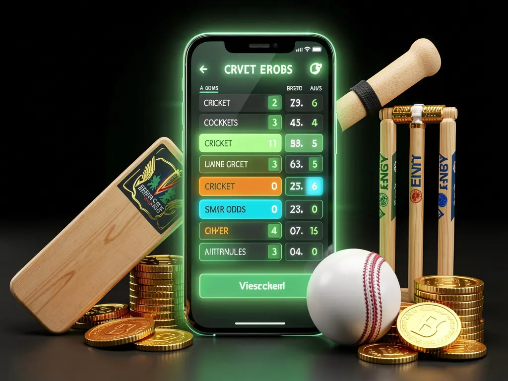 U22 VIP modern cricket betting scene with smartphone displaying glowing cricket odds interface, cricket bat, ball, wickets, and golden coins in a premium 3D illustration