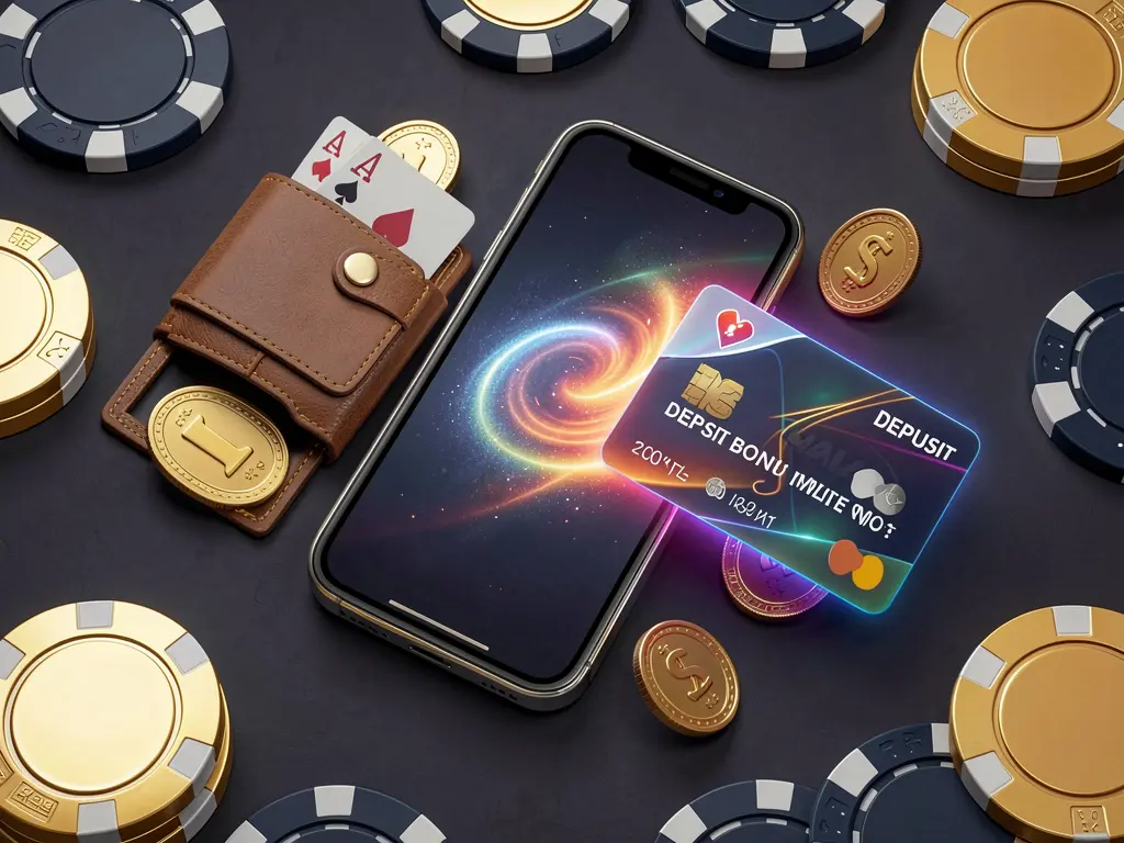 U22 VIP deposit bonus concept featuring a smartphone wallet with a glowing payment card, surrounded by golden coins and poker chips in a modern mobile casino style