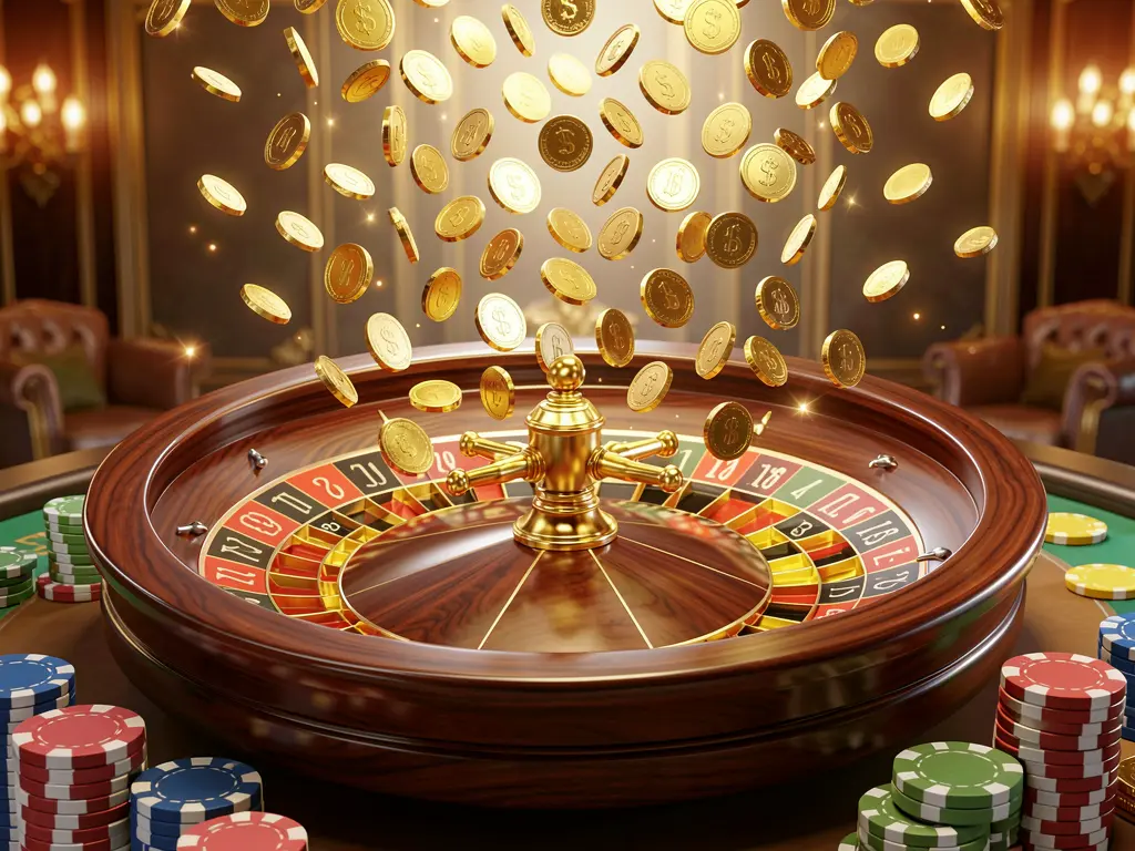 U22 VIP premium online casino banner featuring golden coins raining over a roulette wheel and poker chips with a glowing luxury background in a dynamic 3D render