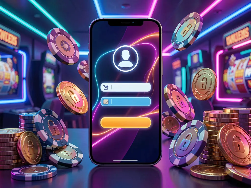 U22 VIP mobile gaming login page concept on a smartphone featuring an abstract login interface with user and lock icons, surrounded by casino chips and coins under luxury neon lighting