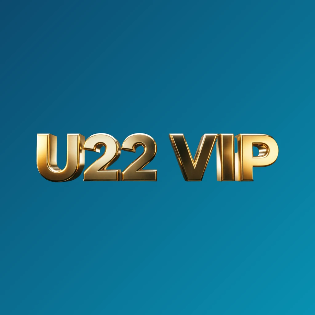 3D metallic U22 VIP logo with glossy gold letters and dramatic lighting, showcasing premium casino branding on a transparent background in a wide horizontal rectangular wordmark format for website header